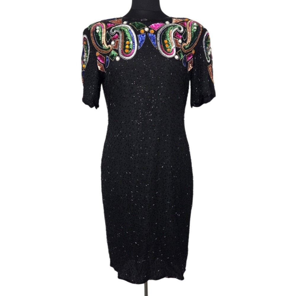 Vintage 80's STENAY 100% Silk Beaded Sequin Dress Black Paisley Metallic Size 12